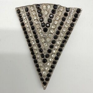 Vintage Signed TARA Black Clear Rhinestone Triangle Brooch